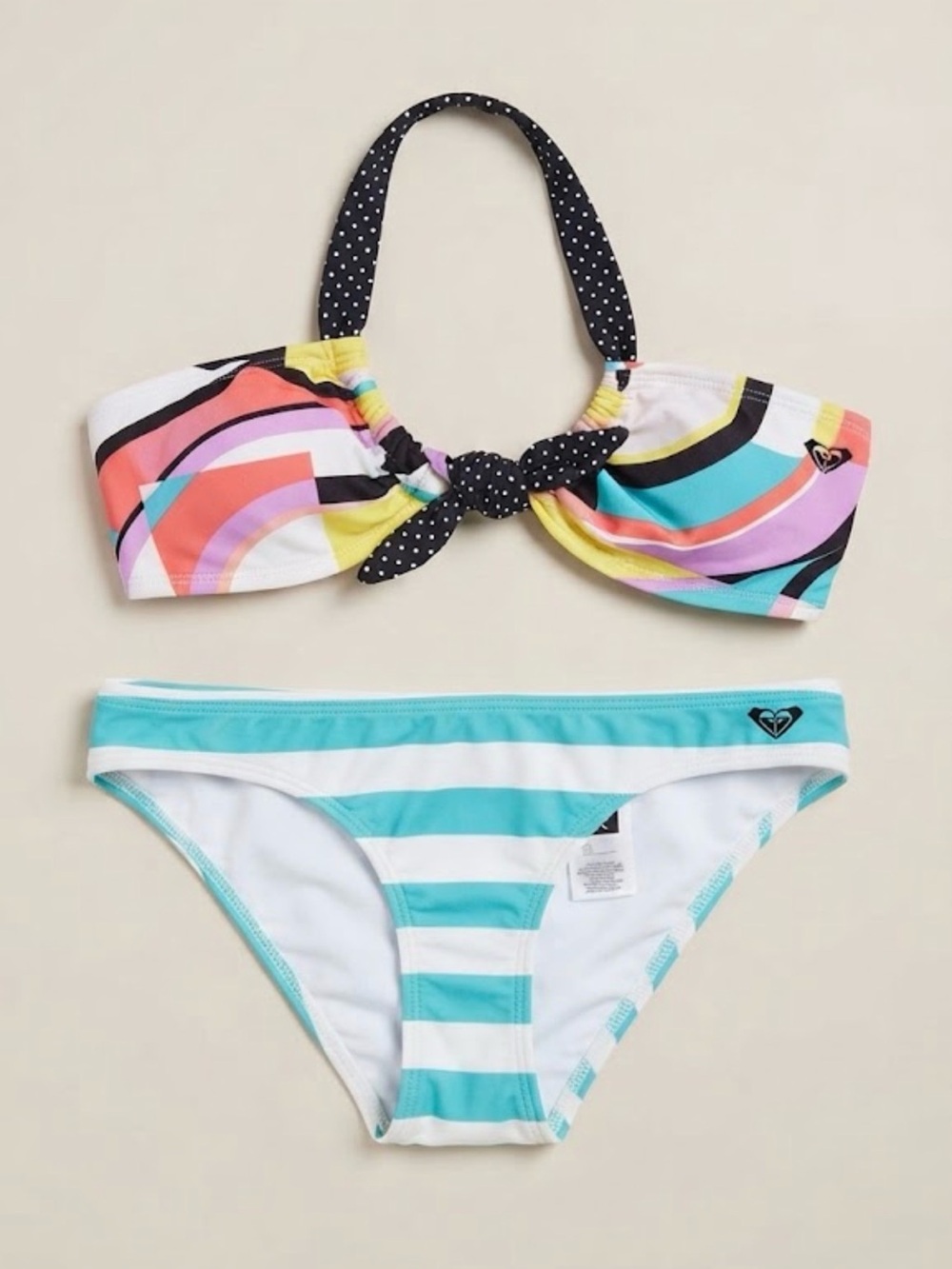Roxy Girls' Multicolor Bandeau Bikini with Turquoise Striped Bottoms
